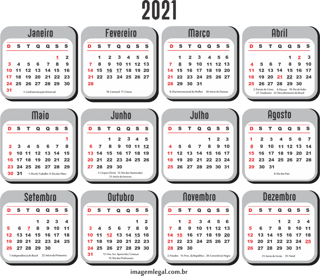 Grade Calendário 2021 para Imprimir com Feriados | Imagem ...