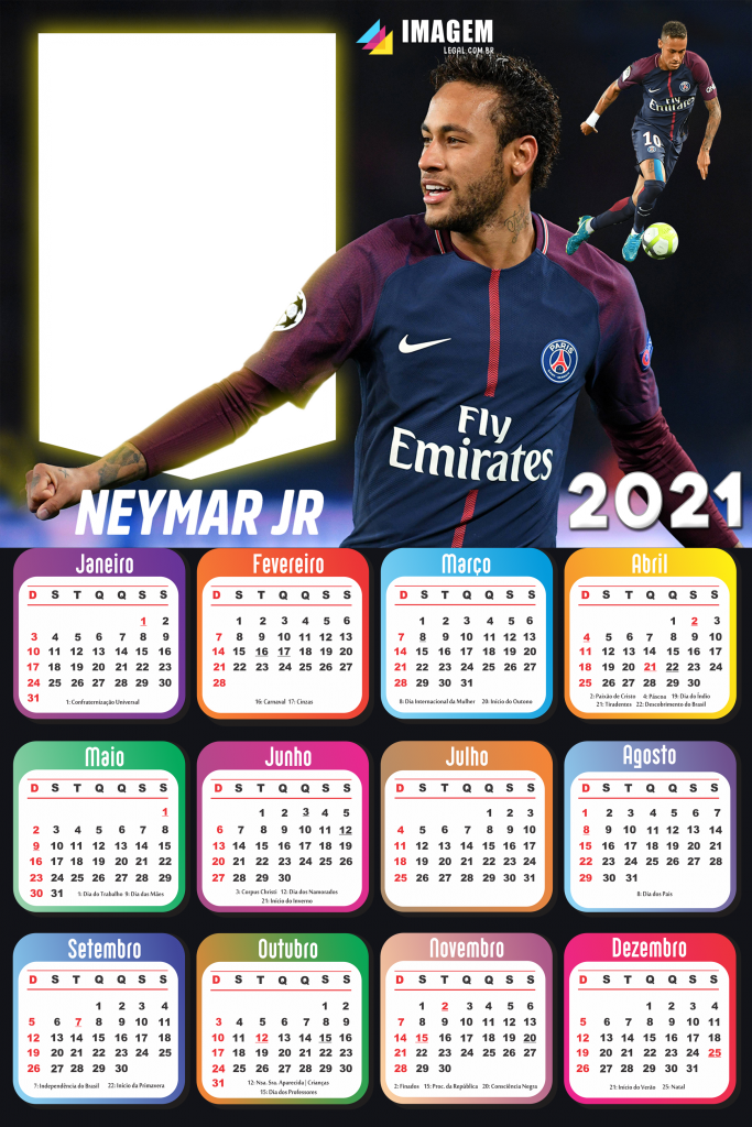 Calendário 2021 PNG Neymar Jr PSG | Imagem Legal