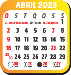 Calendário Abril 2023 com Feriados para Imprimir, em formato PNG