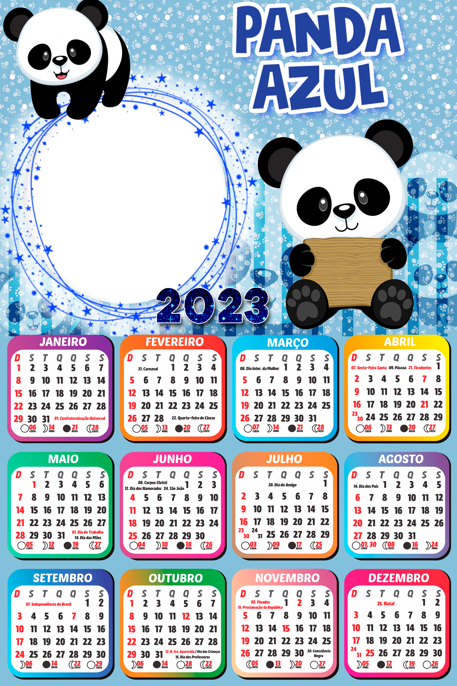 Moldura Png Para Colar Foto Calendário 2023 Panda Azul Imagem Legal