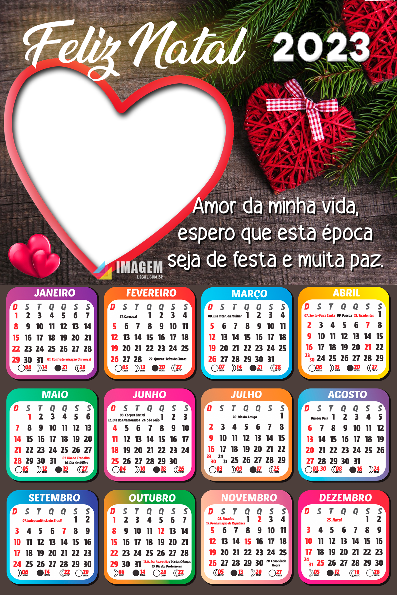 Calendário 2023 Tenha um Feliz Natal com muito amor e afeto, para criar  foto moldura em PNG, faça você me…