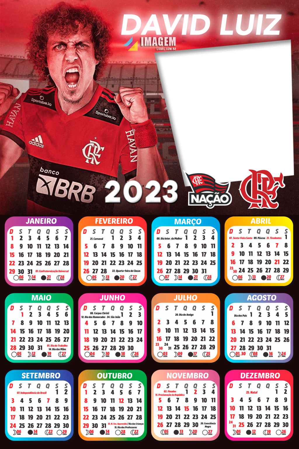 Calendário 2023 Flamengo Davi Luiz Moldura para Colagem Imagem Legal