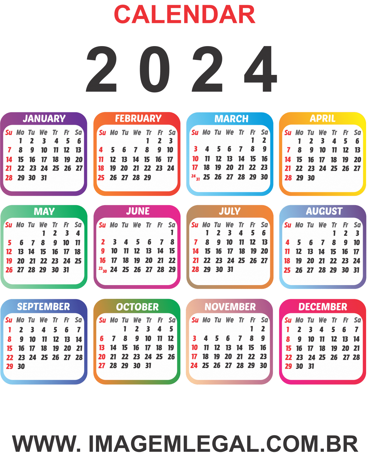 2024 Calendar Color English Imagem Legal