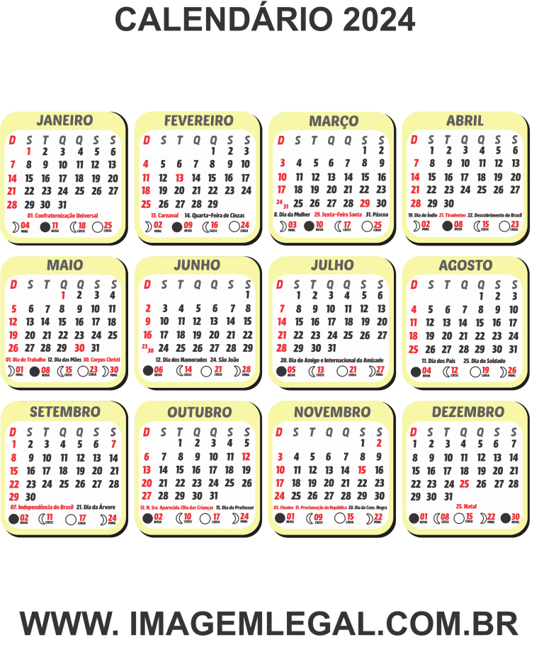 Calendário 2024 para Baixar Grátis em PNG, JPG e CDR Imagem Legal