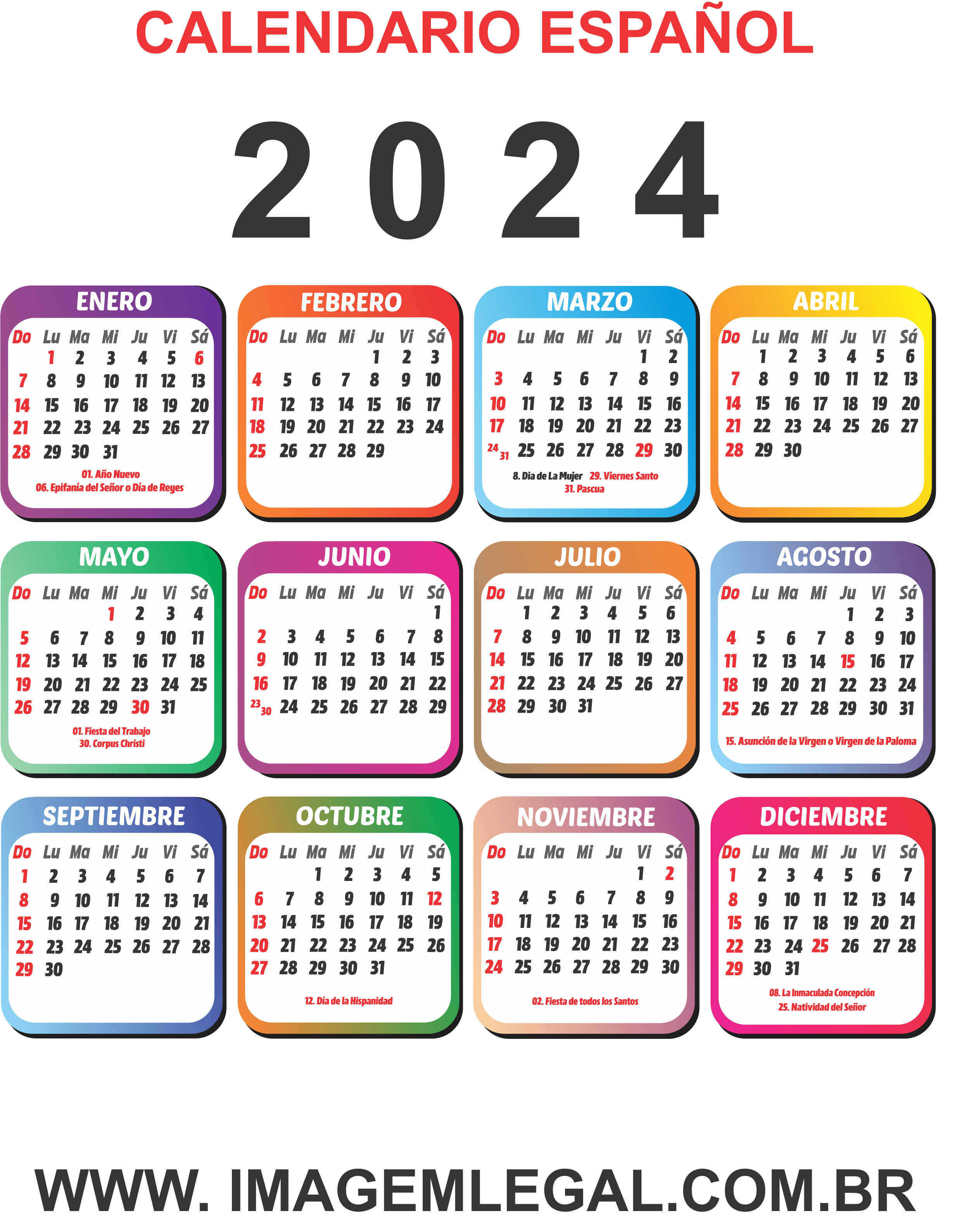 Calendario 2024 Español con Dias Festivos Vistoso Imagem Legal