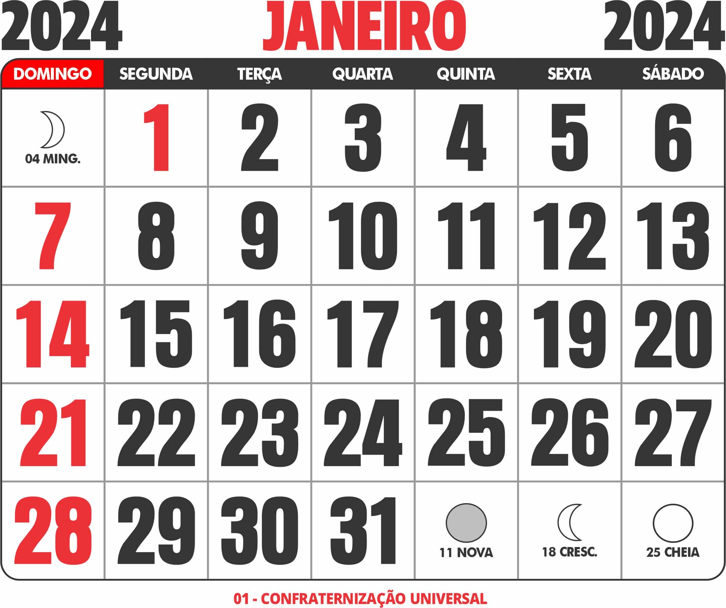 14 de Jan, 2024 Calendário com Feriados e Cont. Regressiva - BRA