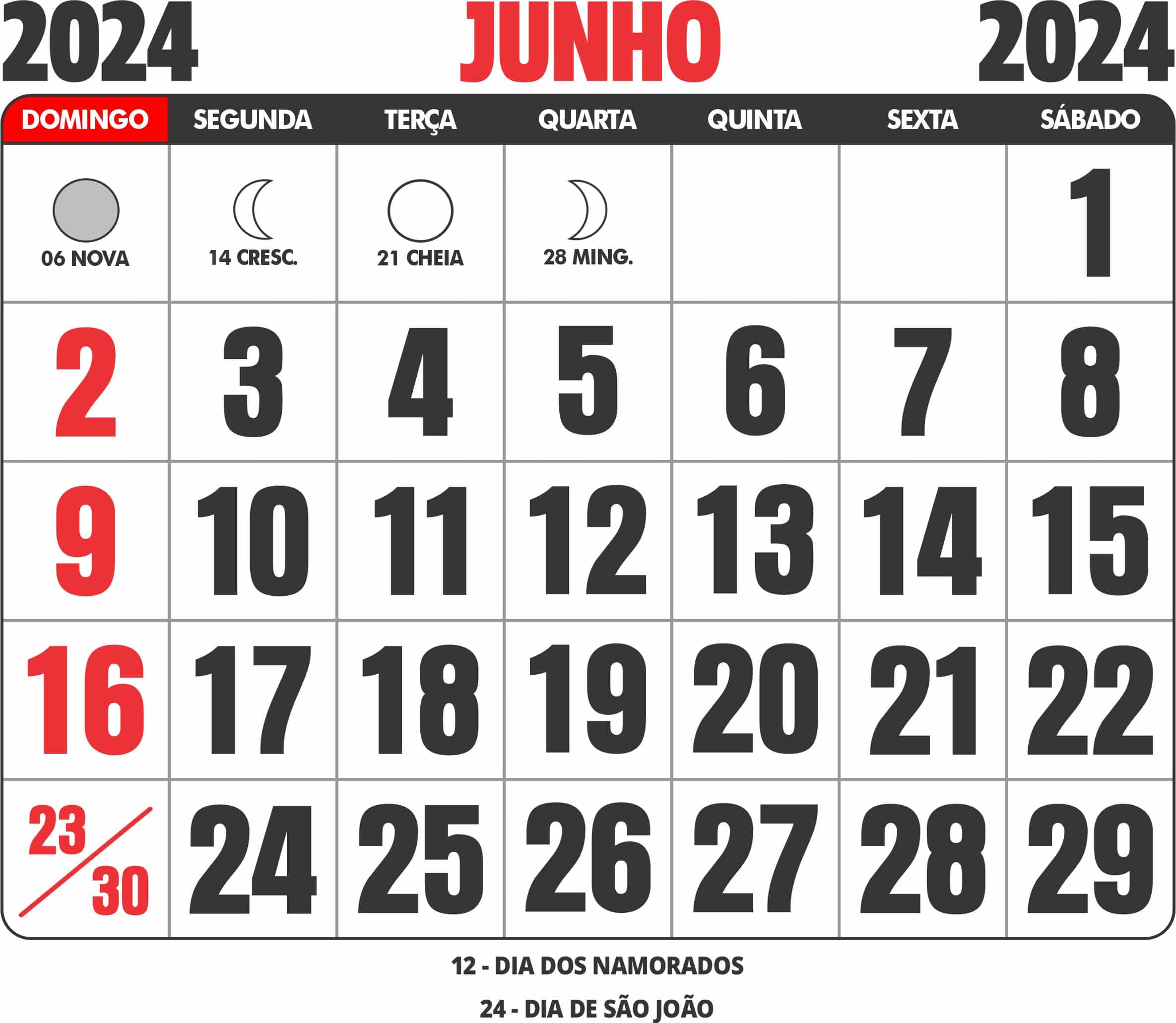 Calendário Junho 2024 Imagem Legal