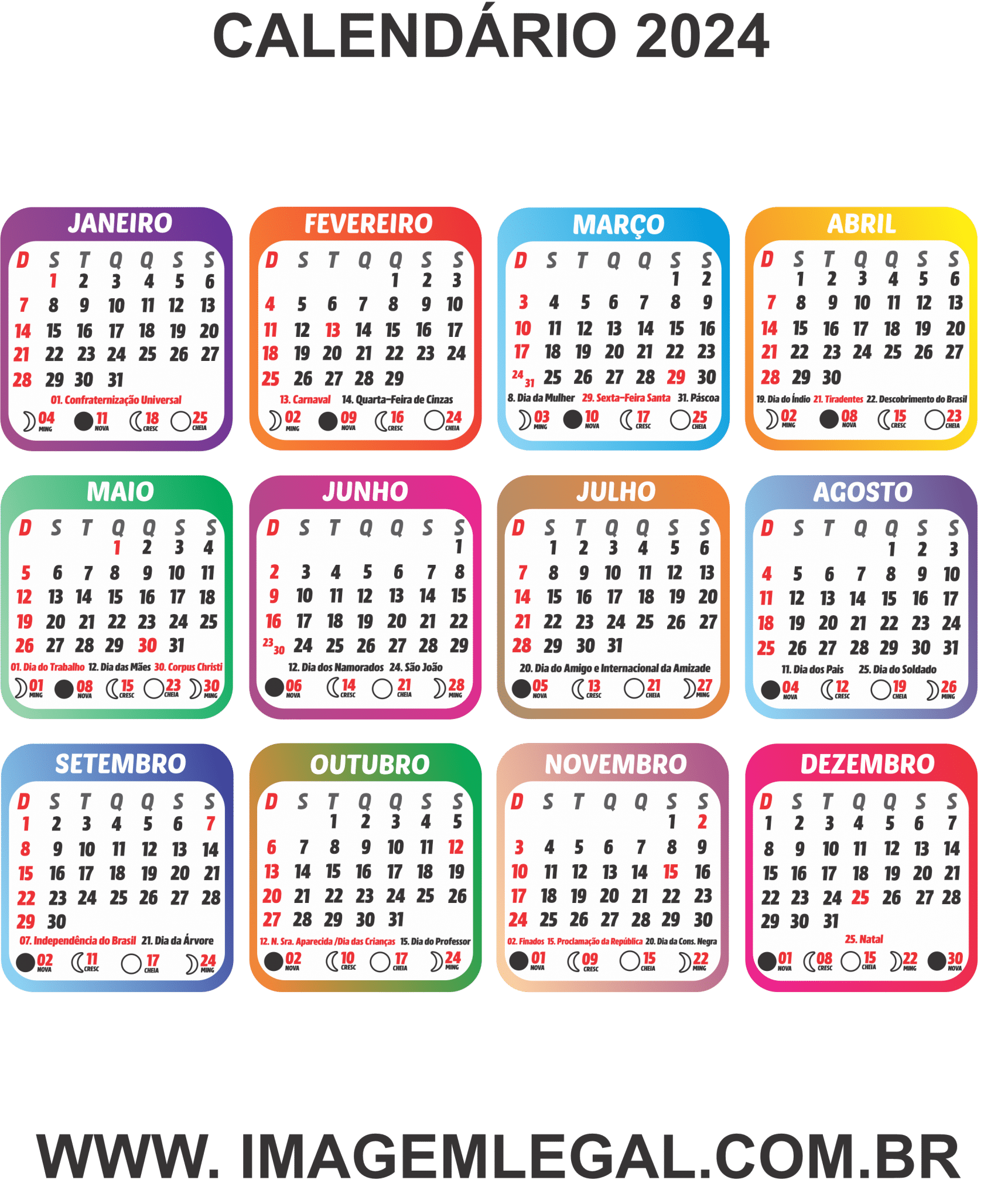 Calendario 2024 Simple Y Colorido Png Dibujos 2024 Calendario Color
