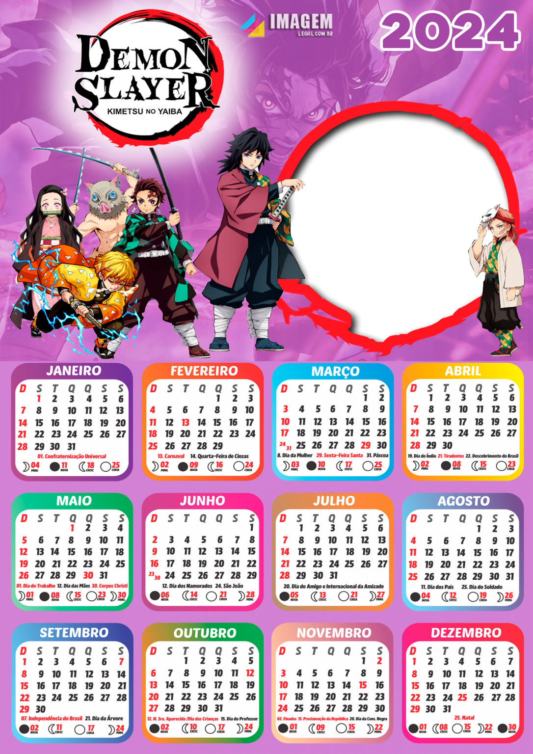 Moldura Calendario 2024 Demon Slayer PNG 1086x1536 