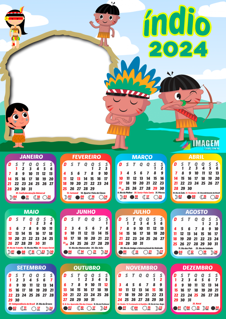 Moldura Calendário 2024 Índio Tema Infantil PNG Imagem Legal