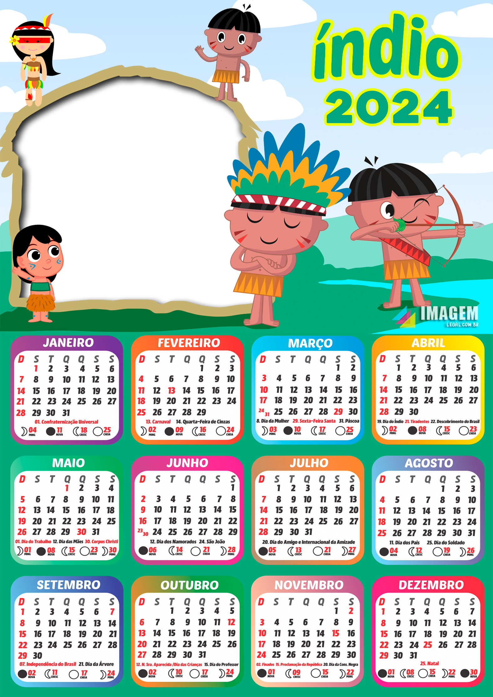 Moldura Calendário 2024 Índio Tema Infantil PNG Imagem Legal