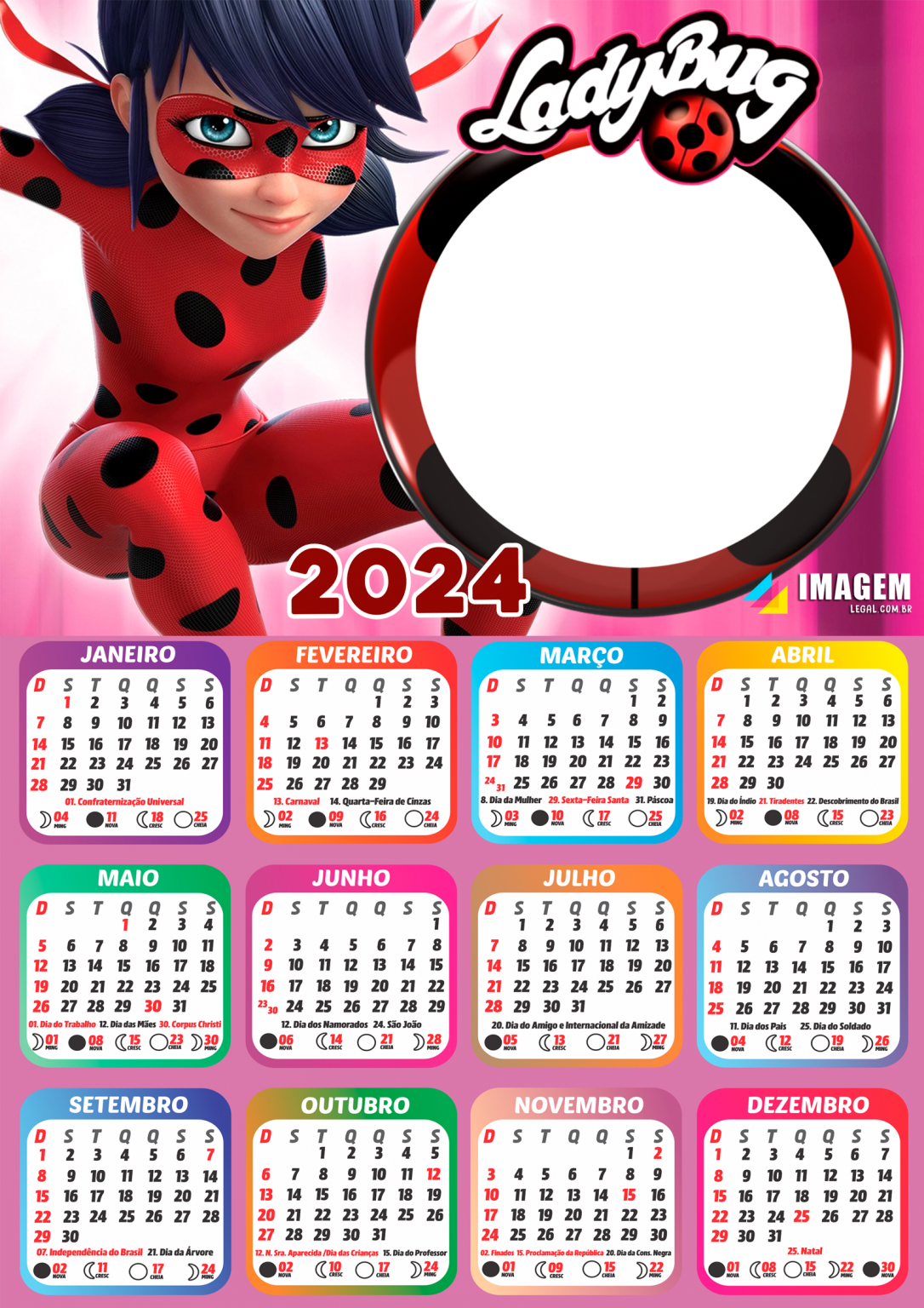 Moldura Calendário 2024 LadyBug Miraculous PNG Imagem Legal