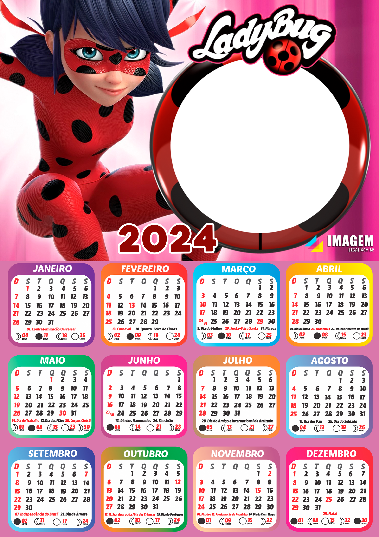 Moldura Calendário 2024 LadyBug Miraculous PNG Imagem Legal