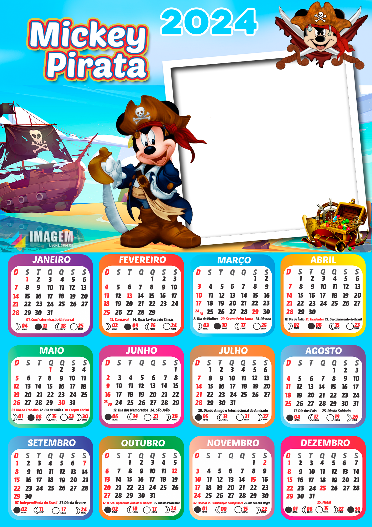 Moldura Calendário 2024 Mickey Pirata PNG Imagem Legal