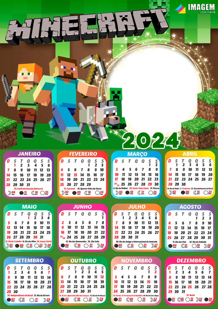 Moldura Calendario 2024 Minecraft PNG 768x1086 