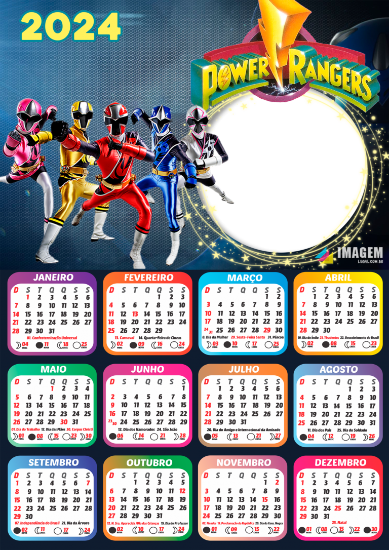 Moldura Calendário 2024 Power Rangers Dino Fury PNG Imagem Legal