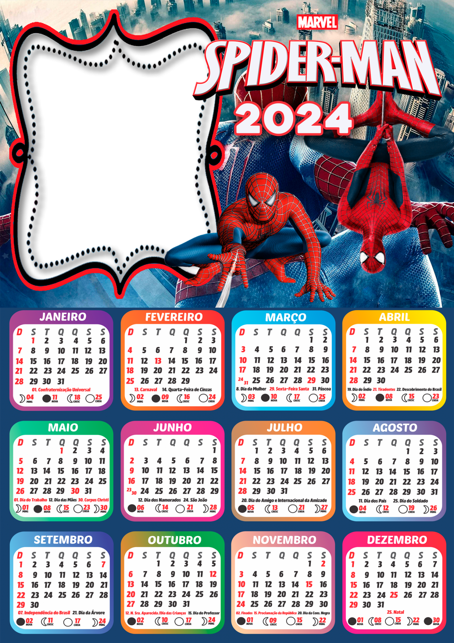 Moldura Calendário 2024 Spider Man Marvel PNG Imagem Legal