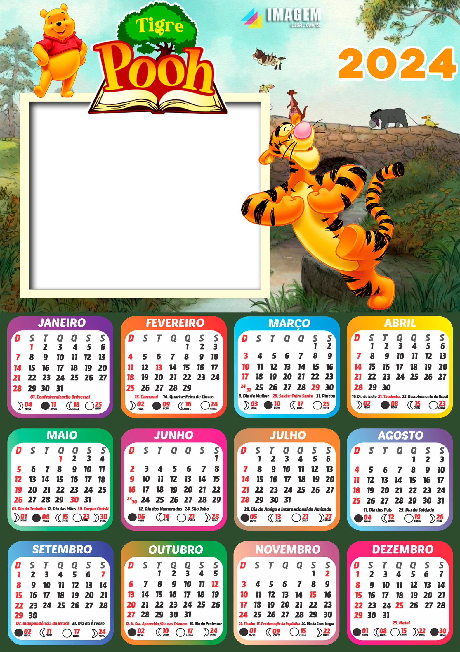 Moldura Calendário 2024 Tigre Pooh PNG Imagem Legal