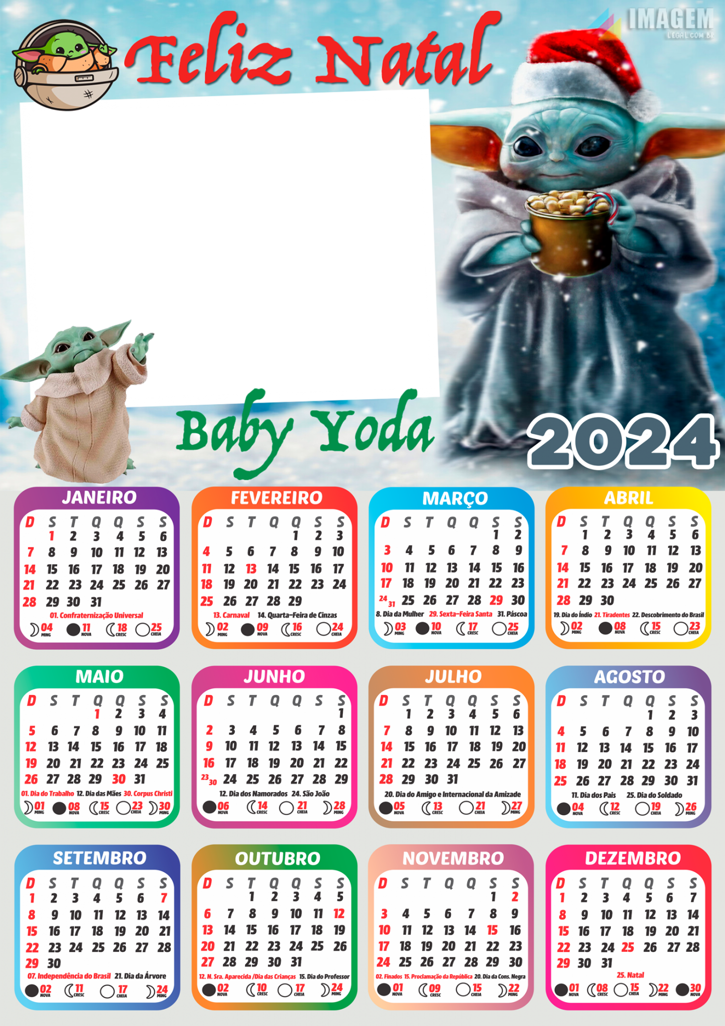 Moldura Calendário 2024 Feliz Natal Baby Yoda PNG Imagem Legal