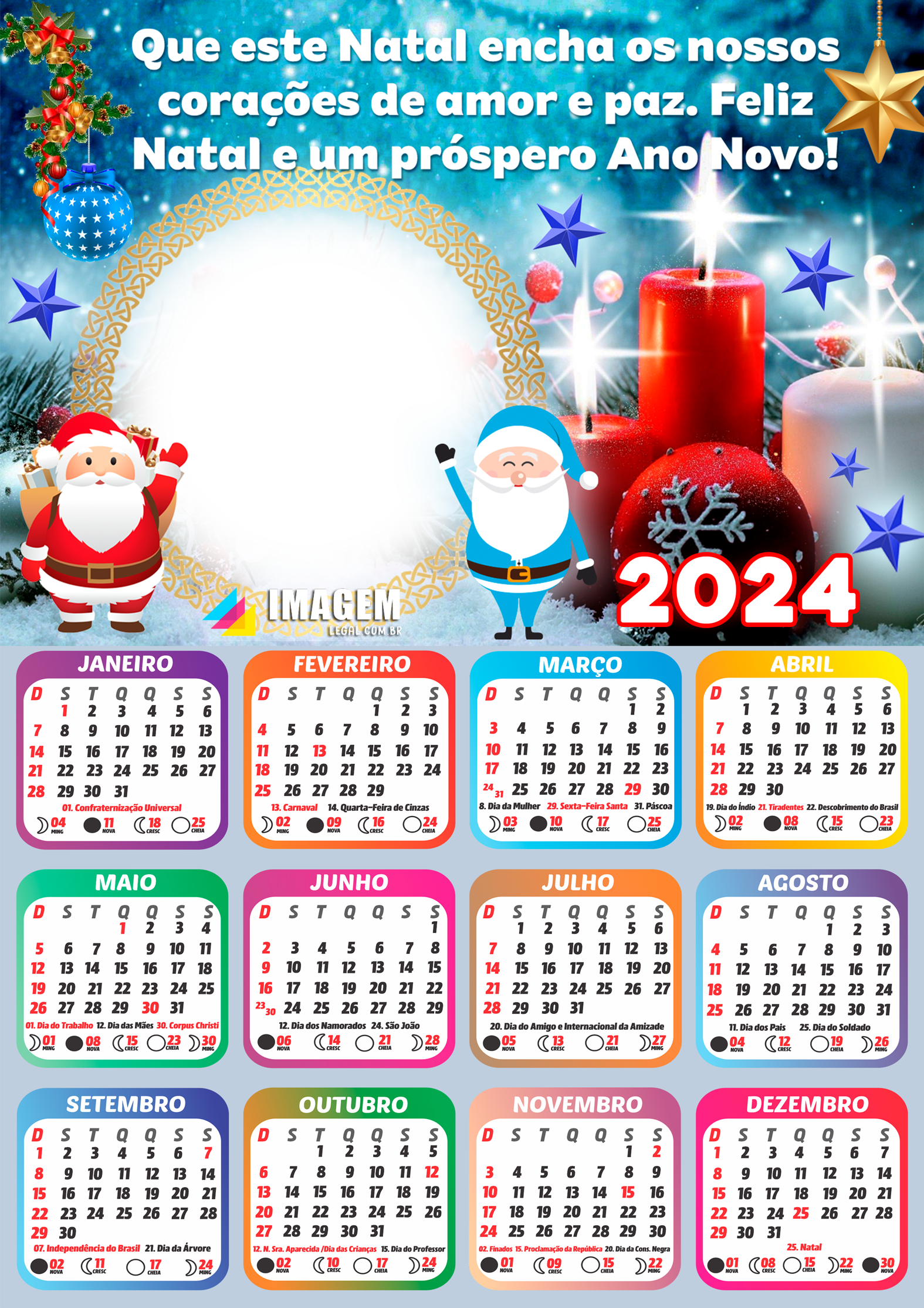 Moldura Calendário 2024 Feliz Natal Corações de Amor e Paz PNG Imagem