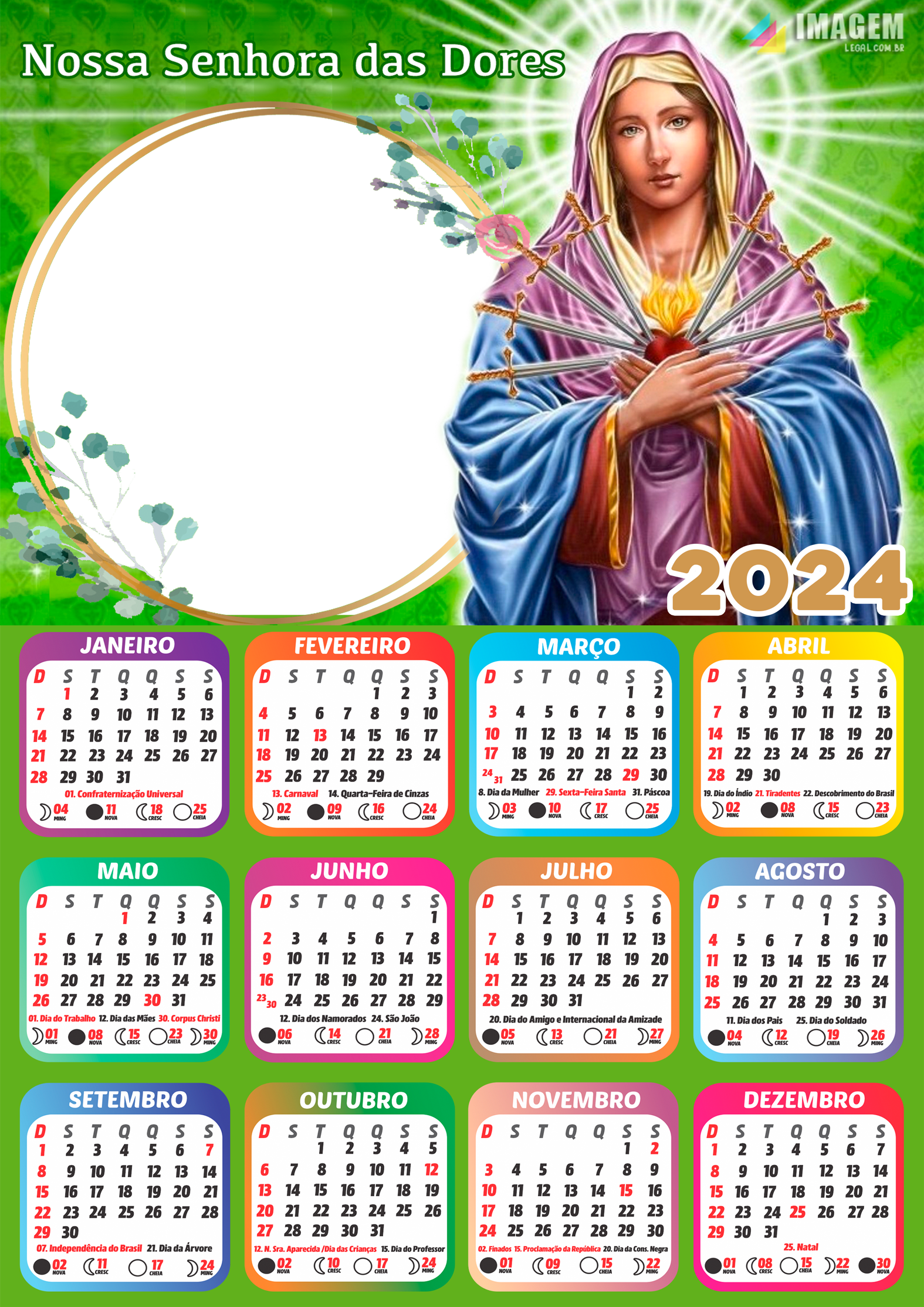 Calendário 2024 Nossa Senhora das Dores Moldura Foto Montagem Imagem