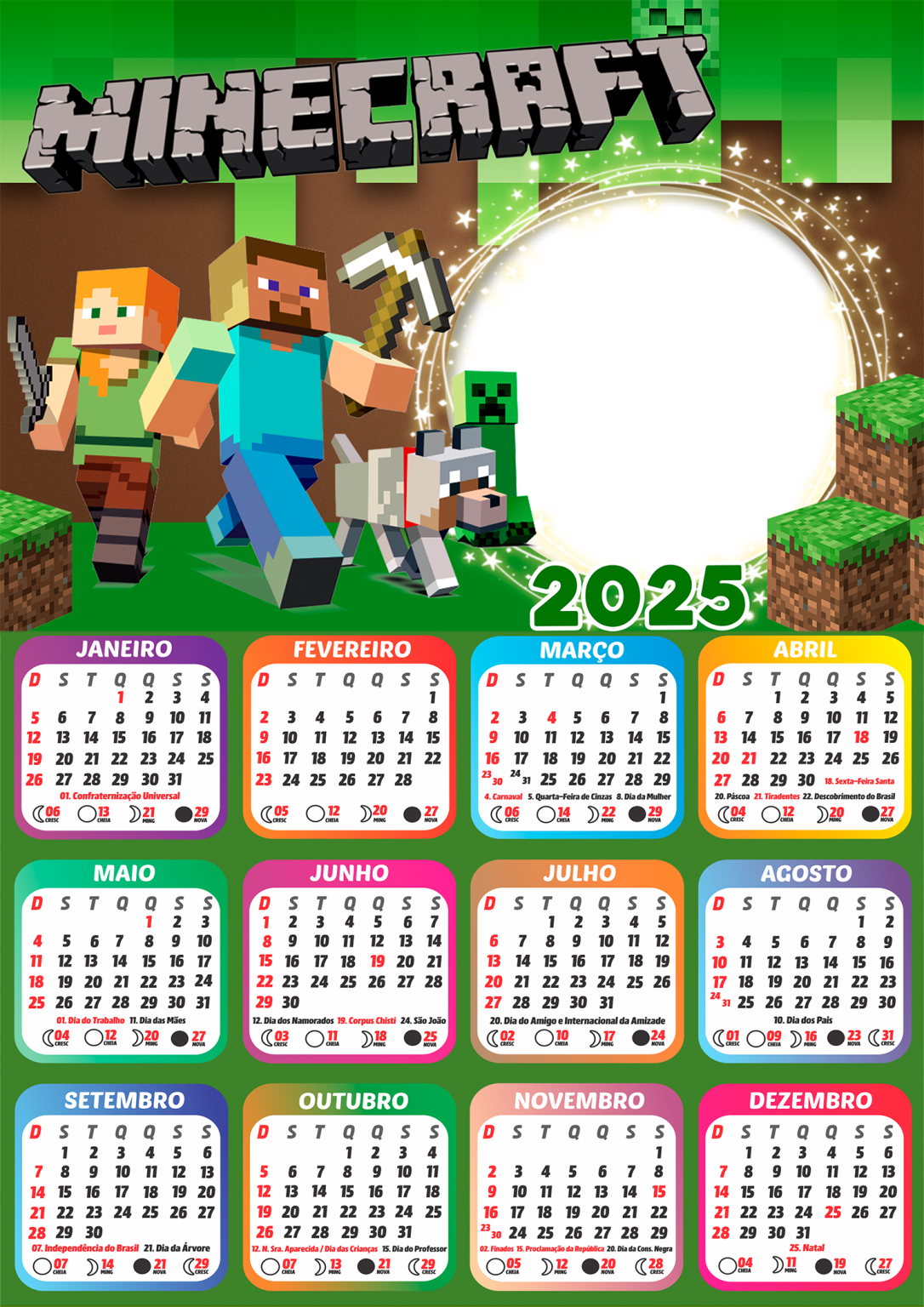 Calendário 2025 Minecraft PNG Imagem Legal